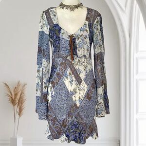 Faded Glory Boho Western Lace Up Blue White Patchwork Bell Sleeve Tunic Top S